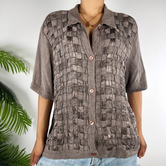 Vintage 90s Country Wear Casuals Cottagecore Fairy Taupe Floral Weave Shirt / XL - Picture 3 of 9